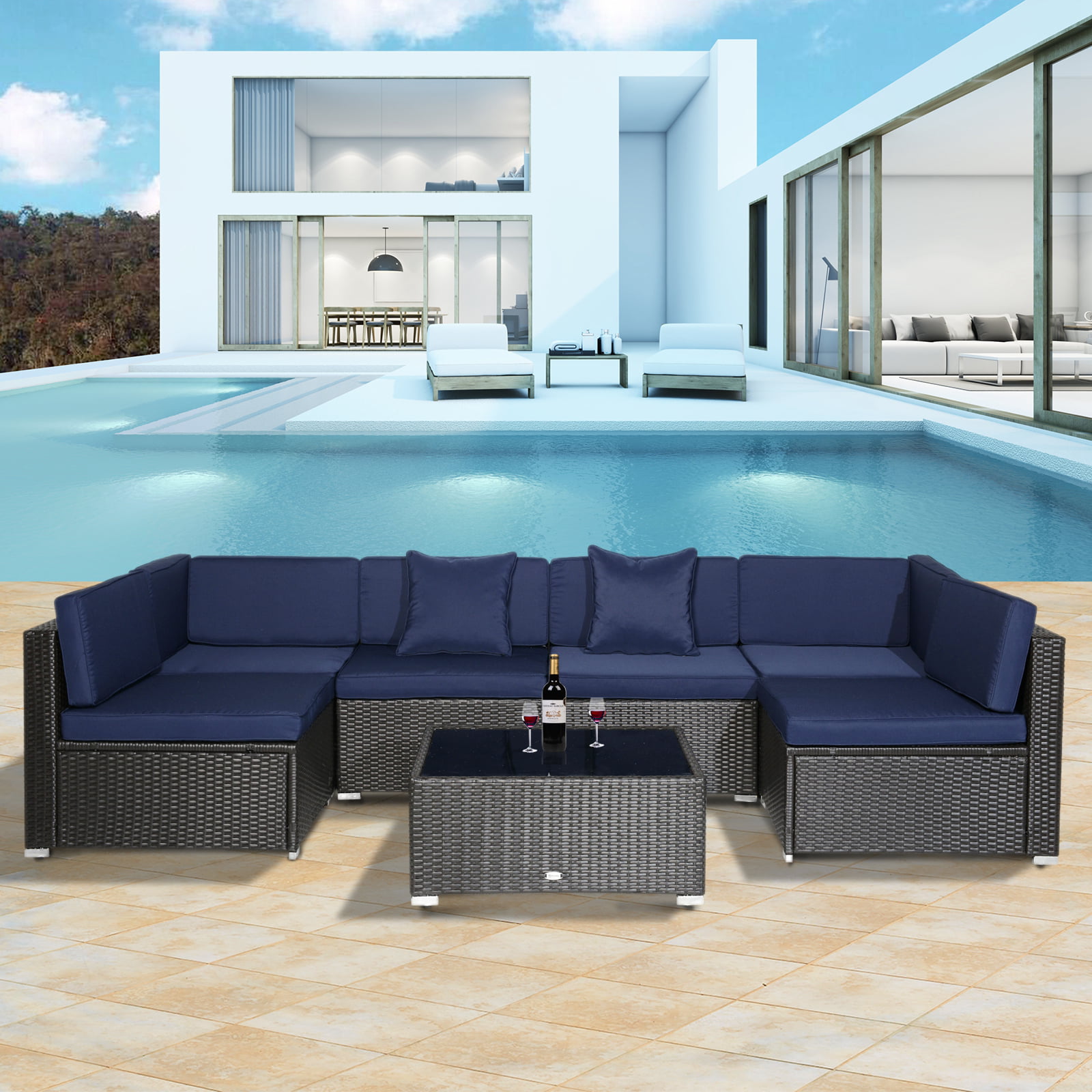Outsunny 7pc Garden Wicker Sectional Set Outdoor Rattan Lounge Sofa with Cushion Patio Deck Furniture All Weather Grey 