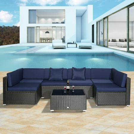 Outsunny 7 Piece Patio Wicker Sofa Set Sectional Rattan Outdoor Furniture with Blue