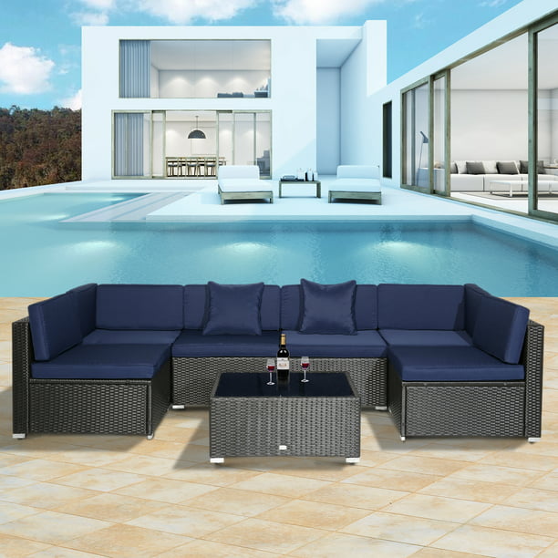 Outsunny 7 Piece Patio Wicker Sofa Set, Outdoor Furniture With Blue Cushions