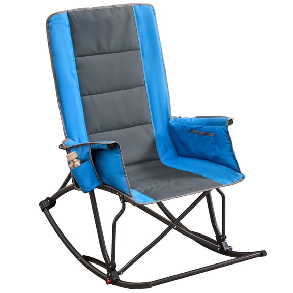 ROGALIS Outdoor Rocking Camping Chair,Foldable Outdoor Chair with Cup Holder and Phone Pocket, for Patio, Lawn and Garden,Blue