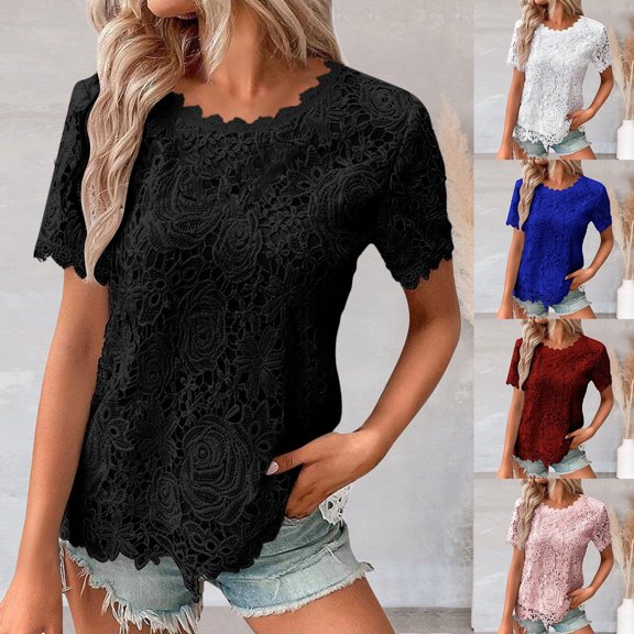 ASFGIMUJ Summer Tops For Women 2025 Lace Top Crochet Crew Neck Short Sleeve Summer Loose Tee Casual T Shirt Shirts Graphic Tees