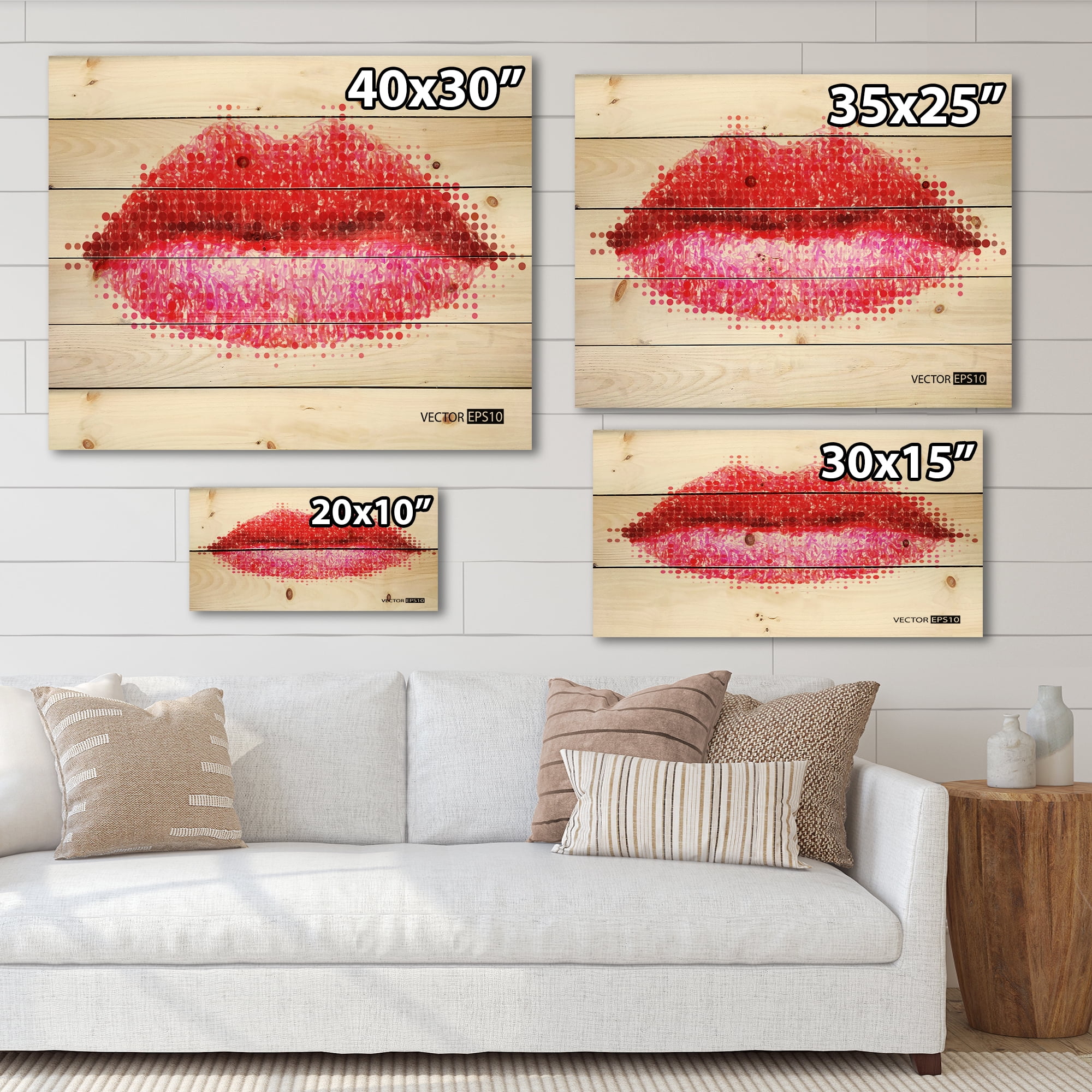 Designart 'Abstract Red Woman Lips in Pixels' Modern Print on Natural Pine Wood