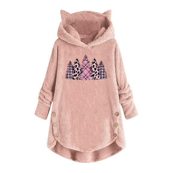 IROINNID Christmas Shirts for Women Christmas Plush Hooded Pullover Loose Fit Long Sleeve Winter Thermal Tops,Pink