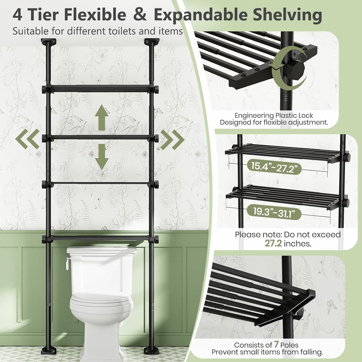 Over The Toilet Storage Shelf, 4-Tier Adjustable Bathroom Organizer, No Drill Tension Mounted Shelves, Space-Saving Bathroom Cabinet Rack Above Toilet for Small Rooms, Black
