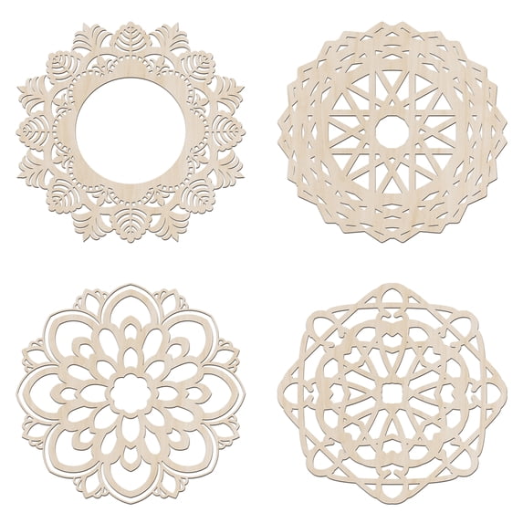 Mandala Wooden Wall Art Set of 4, Peacful Flourish Connected Swirls Motive, Birch Plywood Rustic Wall Art Accent for Hallway Bedroom Living Room and Offices, 11.4" X 11.4" X 0.1", by Ambesonne