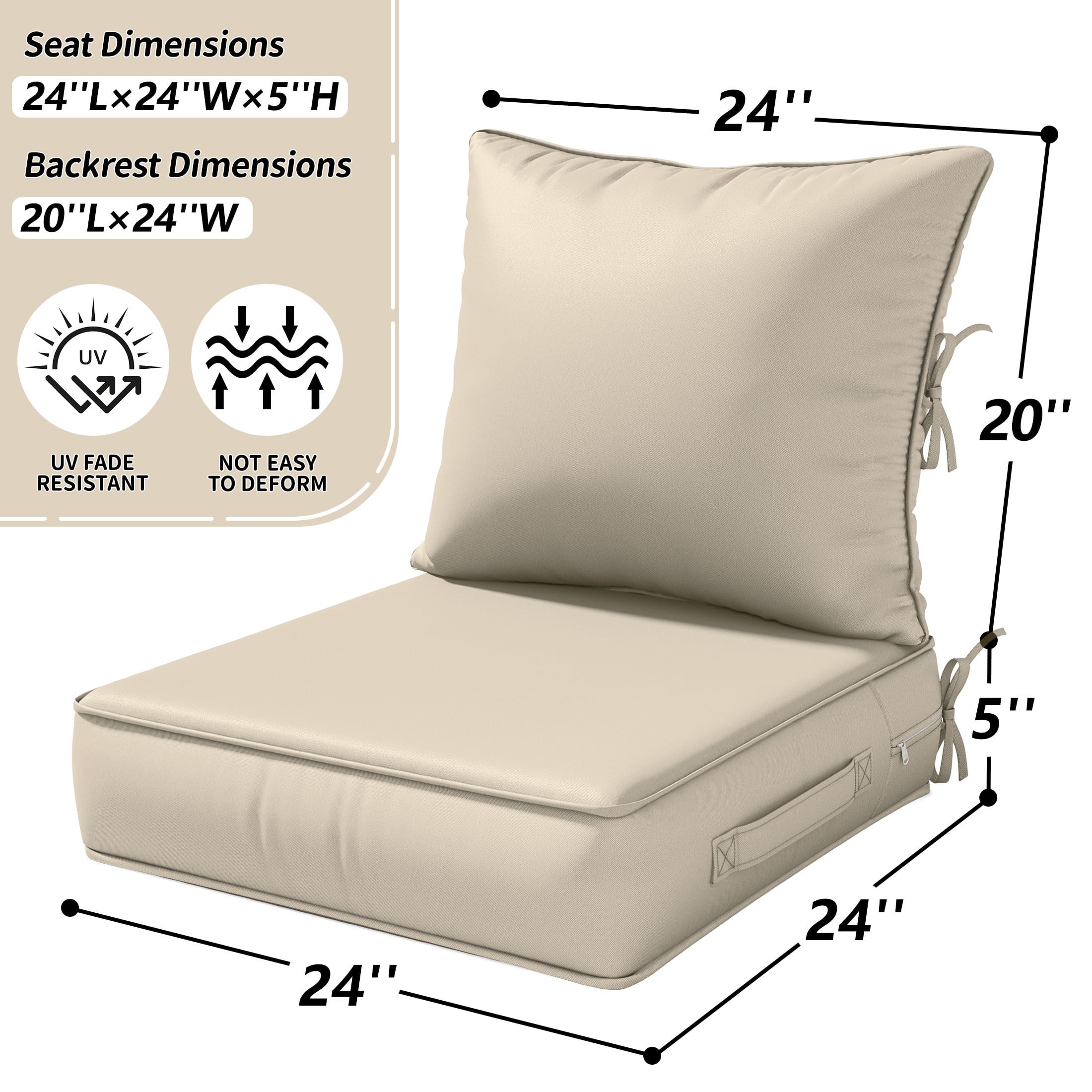 Kimunuk Outdoor Deep Seat Cushion Set for Patio Furniture, Splash-Proof & Fade Resistant, 24" L X 24" W X 5" H, Cream
