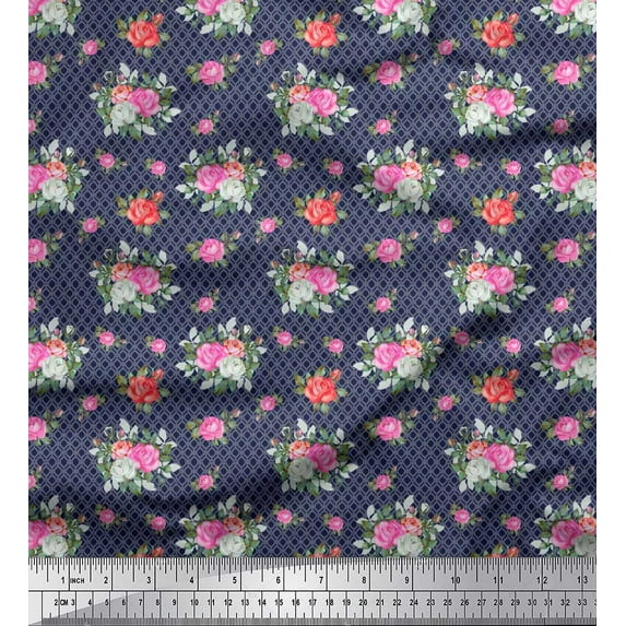 Soimoi Satin Silk Fabric Ogee Damask,Leaves & Rose Floral Print Fabric by the Yard 42 Inch Wide