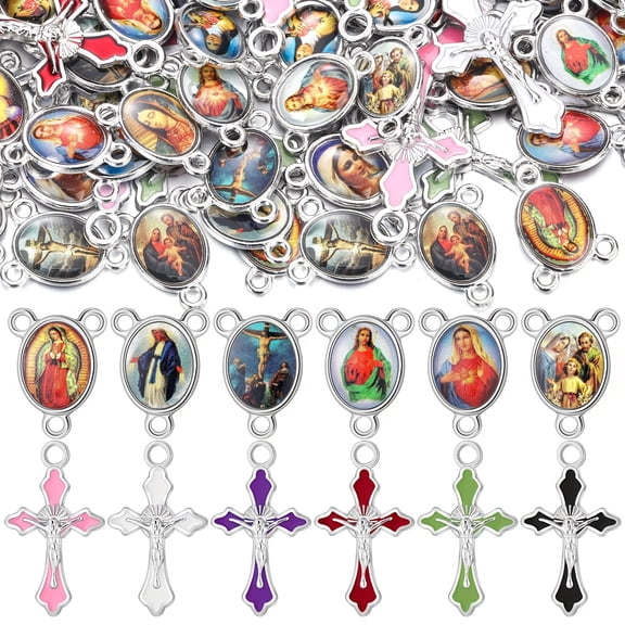 100pcs / 50 Sets Rose Crafting Supply Kit - Includes Cross & Center Medal Pendants, Alloy Paintings, Religious Charms for DIY Prayer Jewelry (Bracelets, Necklaces, Earrings)