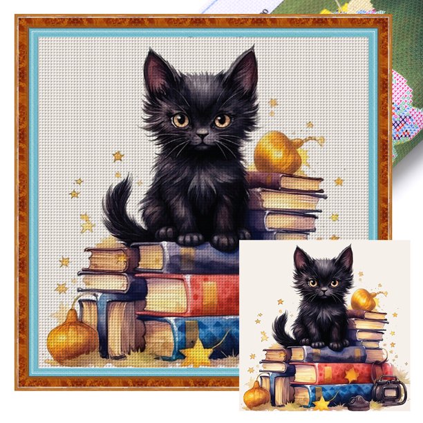Hilo Algodón Bordado Impresión 11CT Gato en Libros Punto Cruz 60x60cm