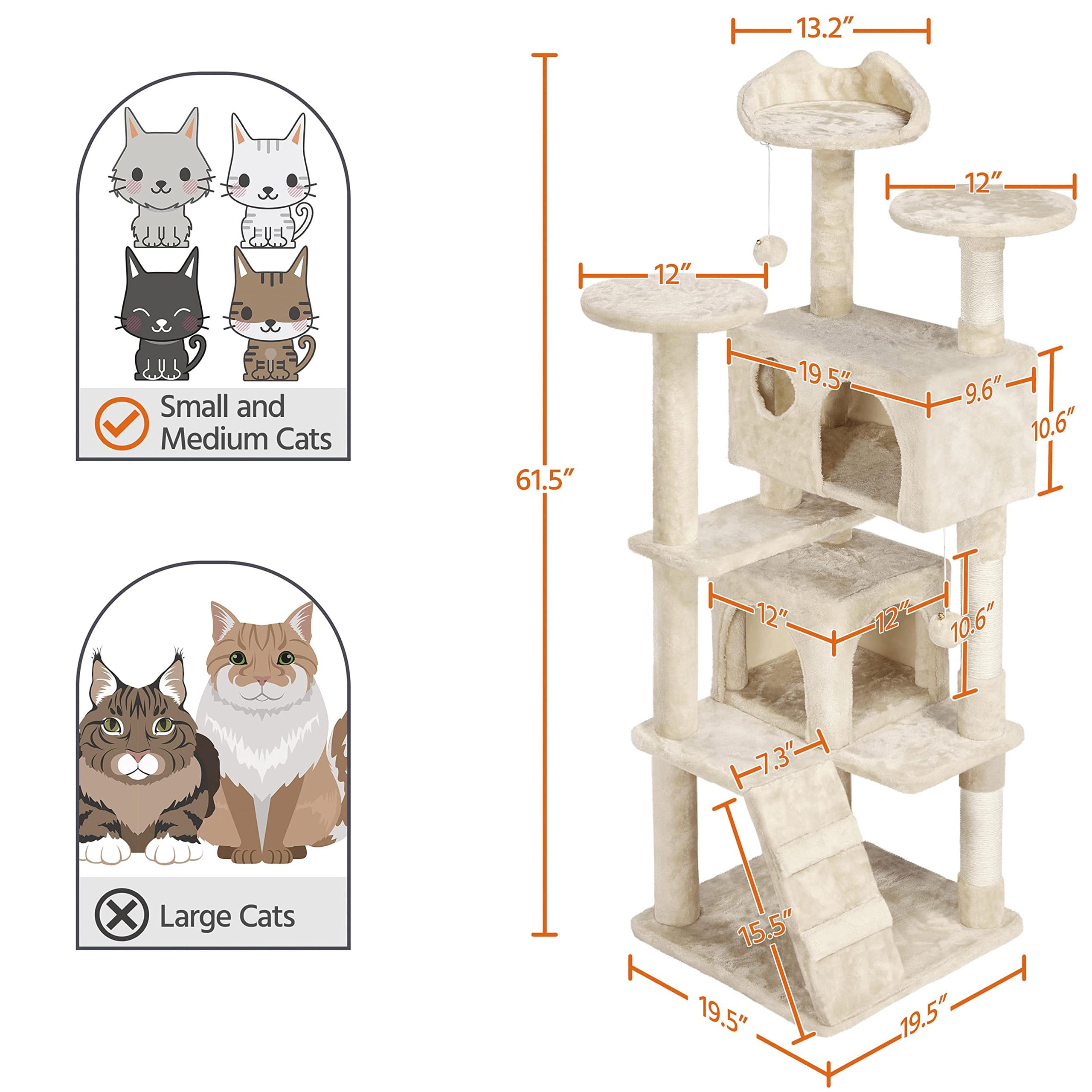 Cat Tree Tower 61in for Indoor Cats, Multi-Level Design with Scratching Posts, Perches, Platforms, Sisal Rope Scratchers, Safe Leaping Space for Kittens, Beige