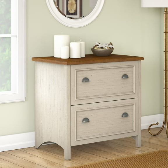 Bush Furniture Fairview 2 Drawer Lateral File Cabinet in Antique White and Tea Maple