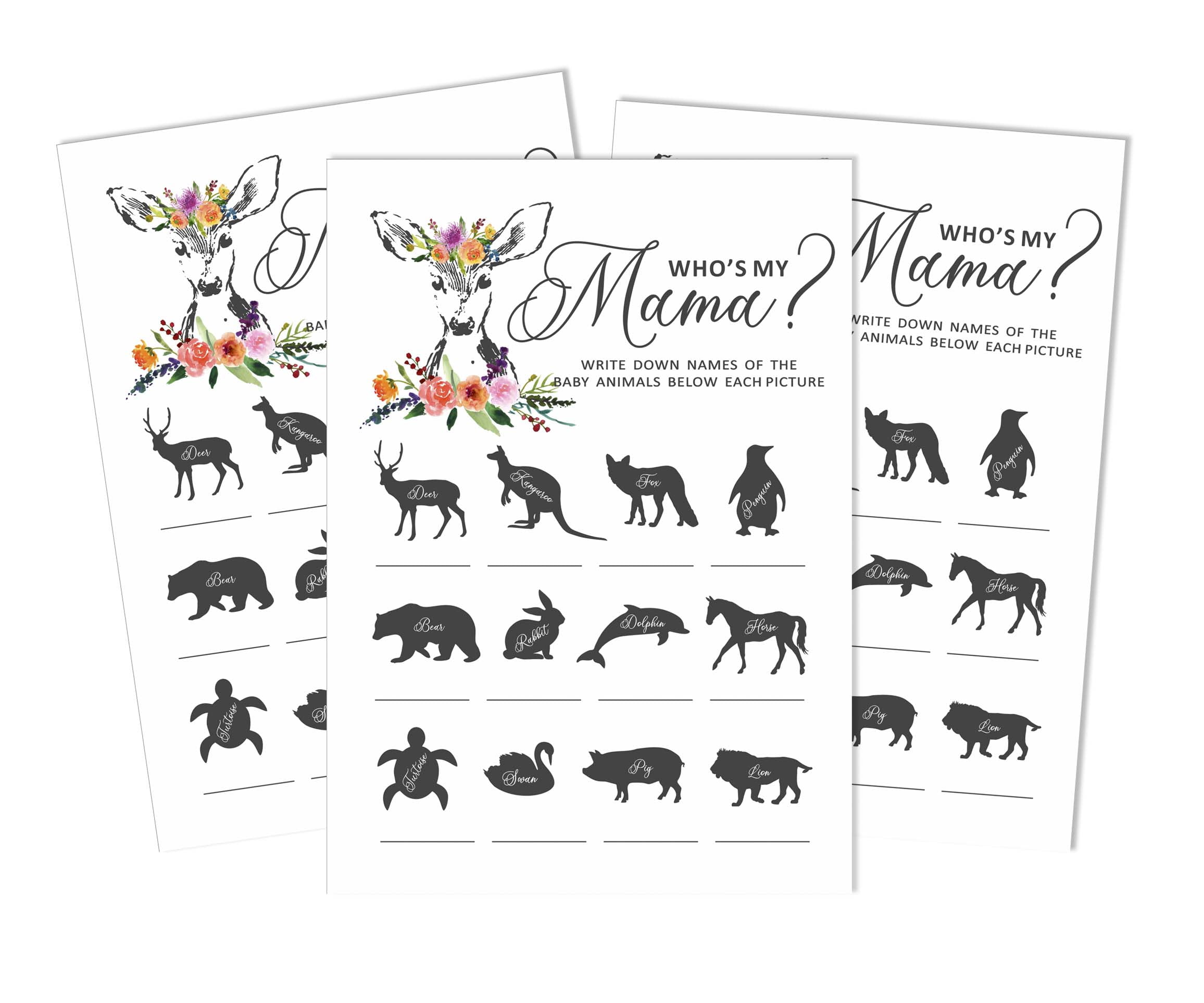Inkdotpot 50-Pack Who Is My Mommy Baby Shower Game Cards Deer Animal My  Mommy Name Gender Neutral Activity Cards 