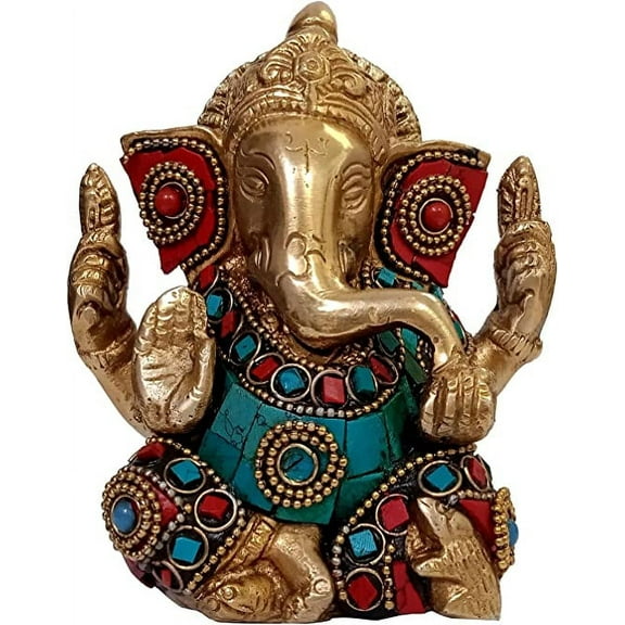 Purpledip Hindu Religious God Statue of Lord Ganesha (Ganapathi or Vinayaka) in Solid Brass Metal with Turquoise Gem-stone Work (10320)