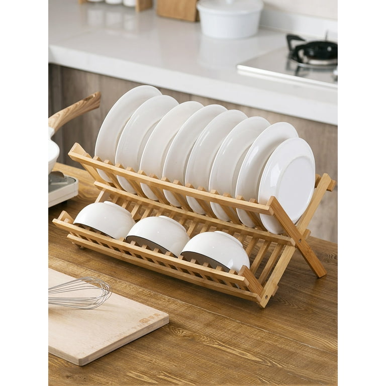 Dish Rack,Bamboo Folding 2-Tier Collapsible Drainer Dish Drying Rack With  Utensils Flatware Holder Set (Dish Rack With Utensil Holder)