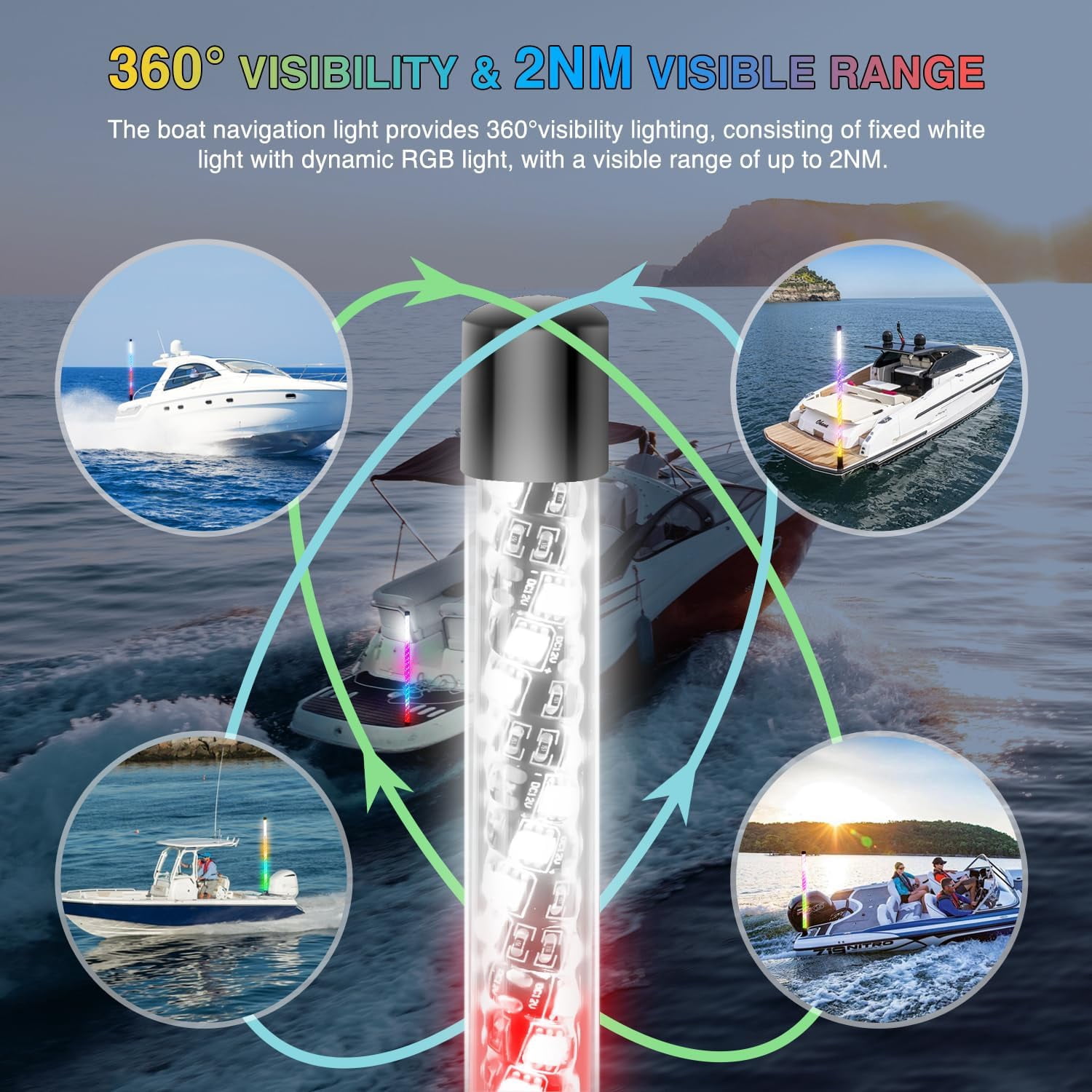 Nilight Boat Navigation Whip Light 3FT 360° Visibility 2NM Coast Guard Compliant 400+ Patterns with Remote Plug-in Base LED Spiral Boats Stern Lights for Night Fishing, Yacht, Pontoon Accessories