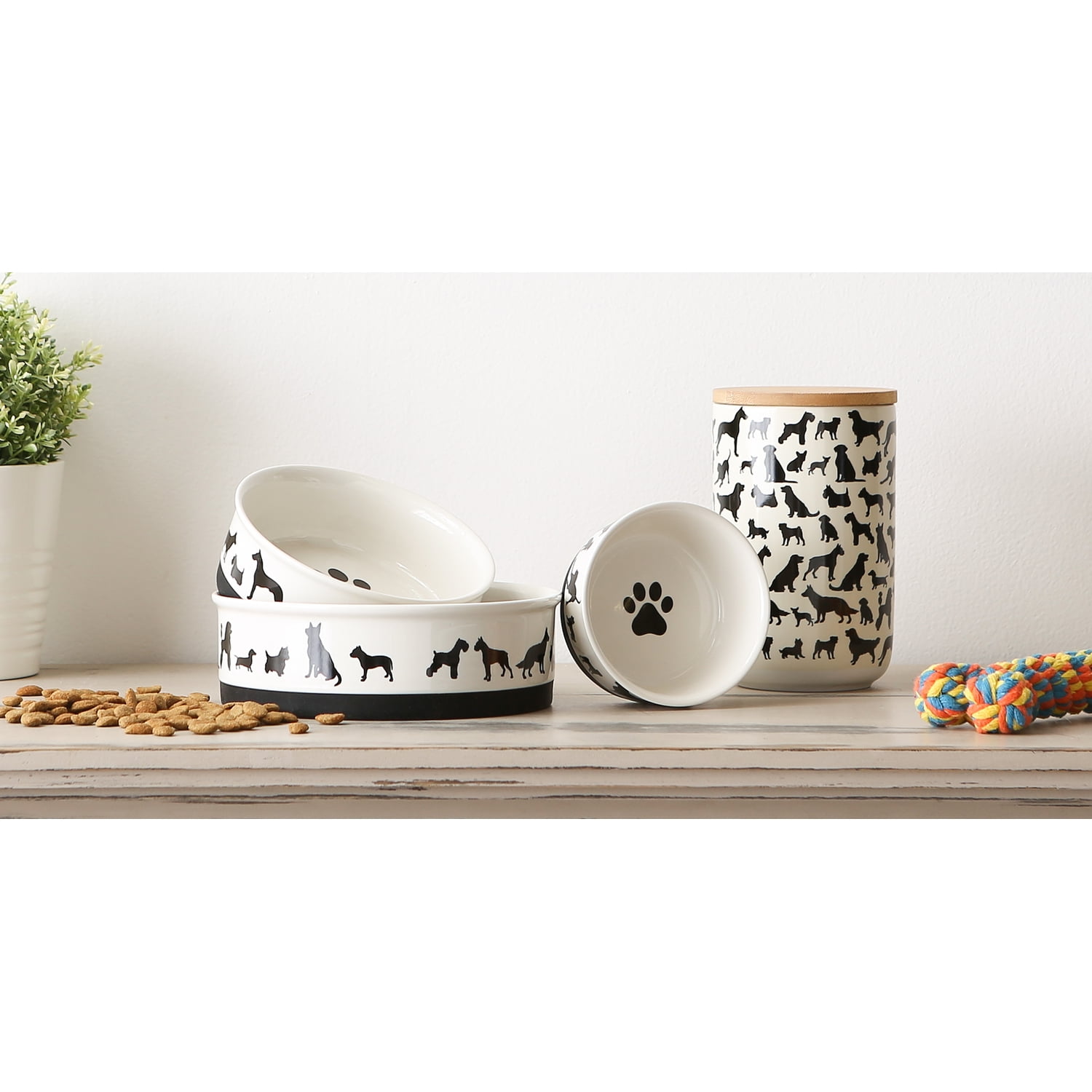 Bone Dry Ceramic Dog Bowl Set, Microwave & Dishwasher Safe, Large, 7.5x2.4", Black/White, 2 Count