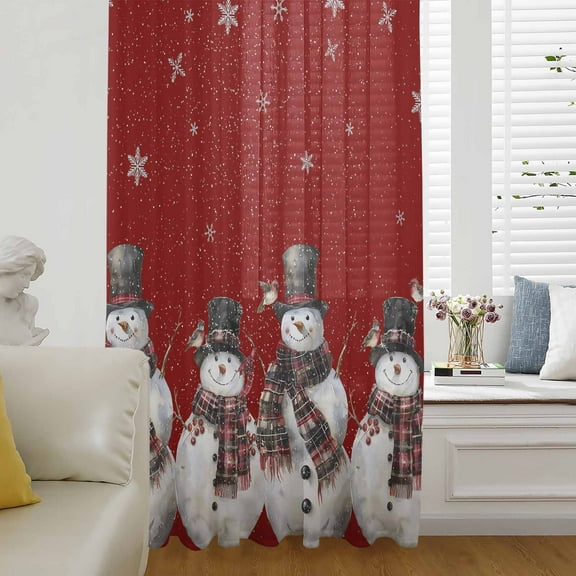 Red Snowman Christmas Semi Sheer Curtains Drapes for Living Room, Bedroom, French Doors Window 54 Inches Long, Birds Xmas Snowflake Rod Pocket Chiffon Curtain Drapery Voile Draperies Panel