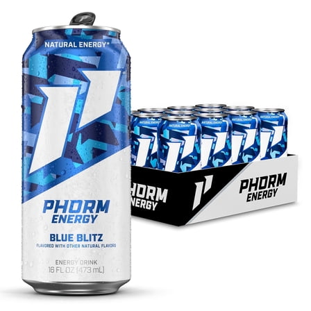 Phorm Sugar Free Energy Drink, Blue Blitz Raspberry Flavor, 16 fl oz Cans, 12 Pack, 200mg Caffeine