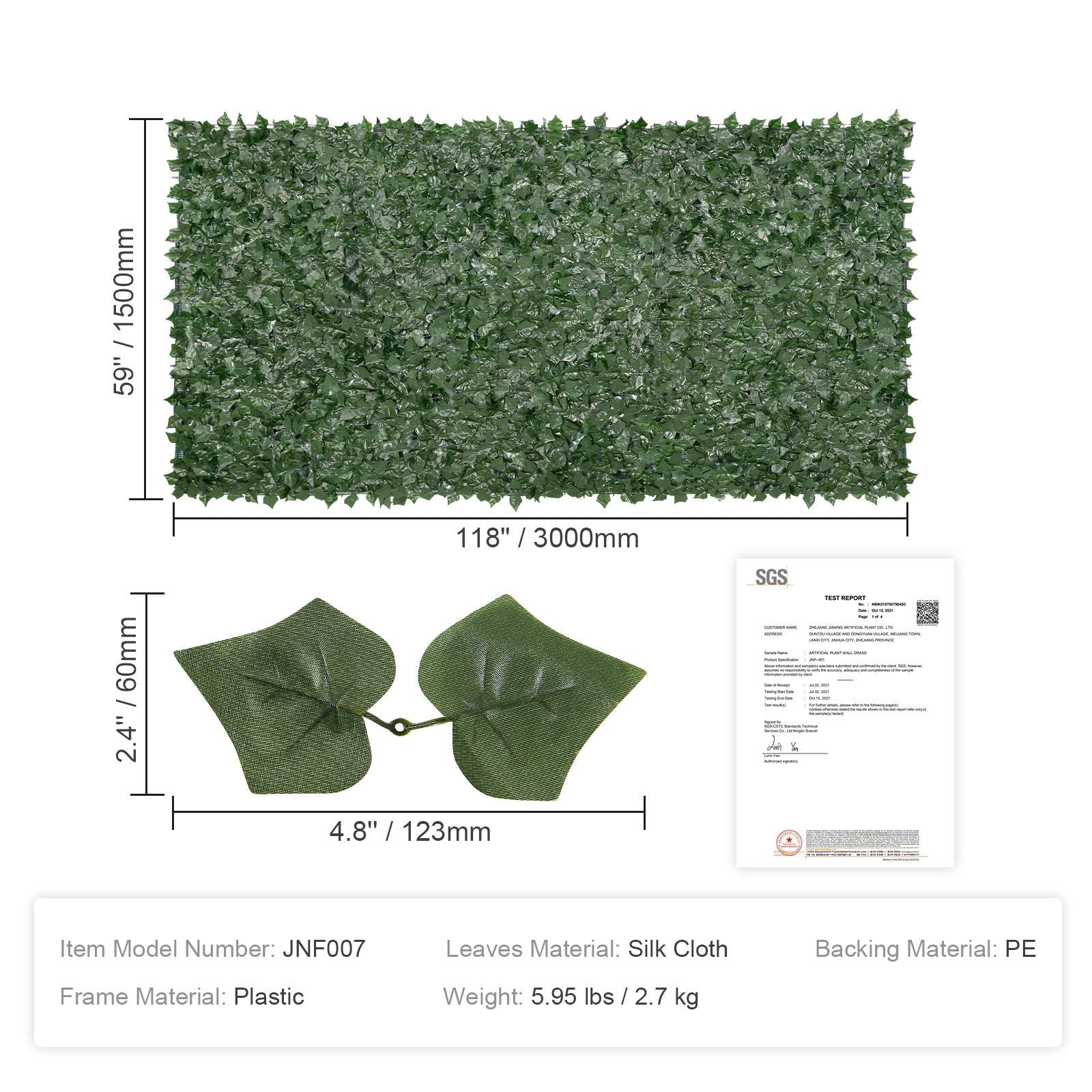 Artificial Ivy Privacy Fence, 59" x 118", Fade-Resistant Silk Leaves, UV-Resistant PE Mesh Backing, 100% Blockage, for Garden, Patio, Balcony & Indoor Walls