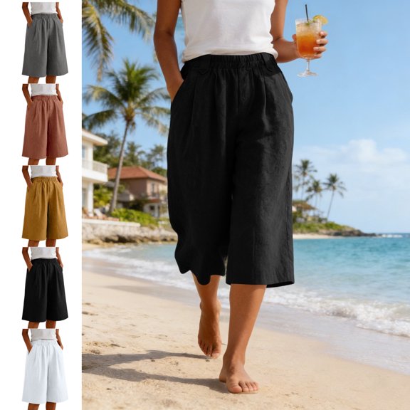 LEKWK Linen Shorts for Women Plus Size Loose Fit Knee Length Bermuda Shorts Elastic High Waist Wide Leg Shorts with Pockets Summer Beach Vacation Daily Outfits