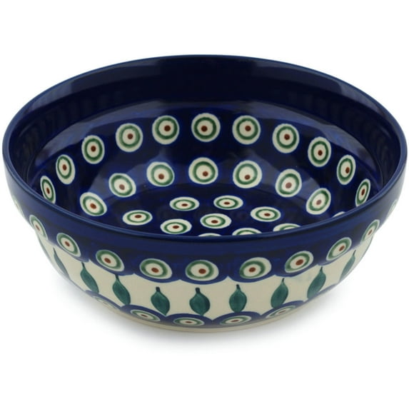 Polish Pottery 6½-inch Bowl (Peacock Leaves Theme) Hand Painted in Boleslawiec, Poland + Certificate of Authenticity