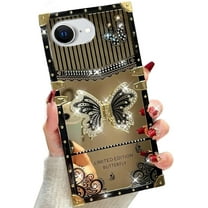 for iPhone 16e (2025) Butterfly Kickstand Case, Glitter Bling Foldable Stand Woman Girly Mirror Back Golden Plated Shockproof Protective Elegant Cute Soft Cover for iPhone 16e 6.1 (Black)