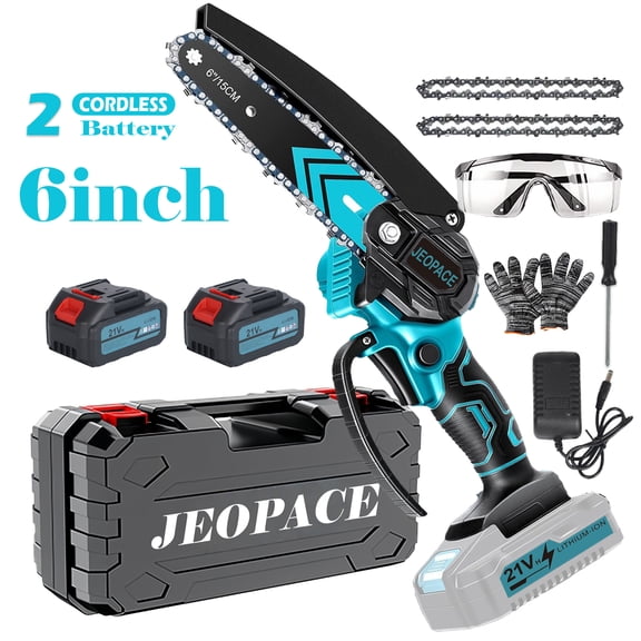 Mini electric saw Wireless, lightweight, portable, handheld electric tree cutter with splash guard, safety lock, rechargeable battery, and safety trimmer for quickly cutting branches and yard work.