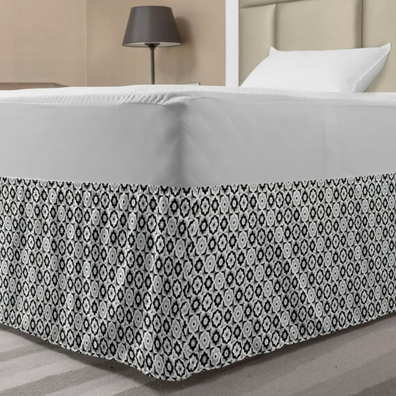 Quatrefoil Bed Skirt, Black and White Ceramic Tile Design with Floral Ornaments Retro Daisies, Elastic Bedskirt Dust Ruffle Wrap Around for Bedding Decor, 4 Sizes, Black Grey White, by Ambesonne