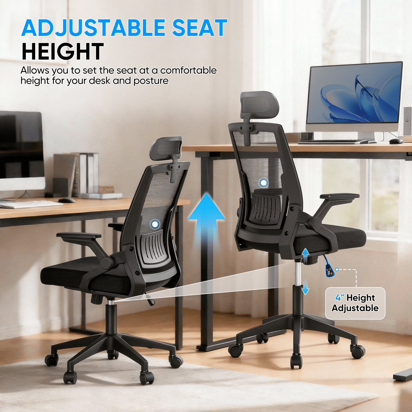 Monibloom Ergonomic Office Chair with Headrest, Flip-Up Adjustable Armrest, 135° Reclining Tilt Lock, Thick Cushion Mesh Back, Home Desk Chair