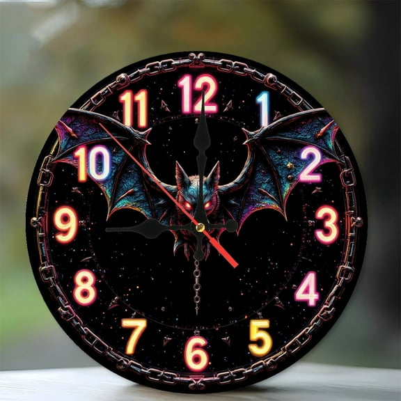 Bat Clock Art Design 10-Inch Silent Wooden Wall Clock, Battery Operated (AA Batteries Not Included), Artistic Home Decor