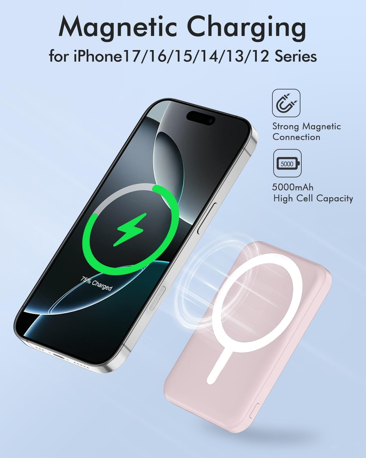 General for Magsafe Battery Pack, 5000mAh Magnetic PowerBank with Type-C Cable 20W PD Fast Charging Lighting Input Wireless Charger for iPhone 17/16/15/14/13/12/ All Series-Light Pink