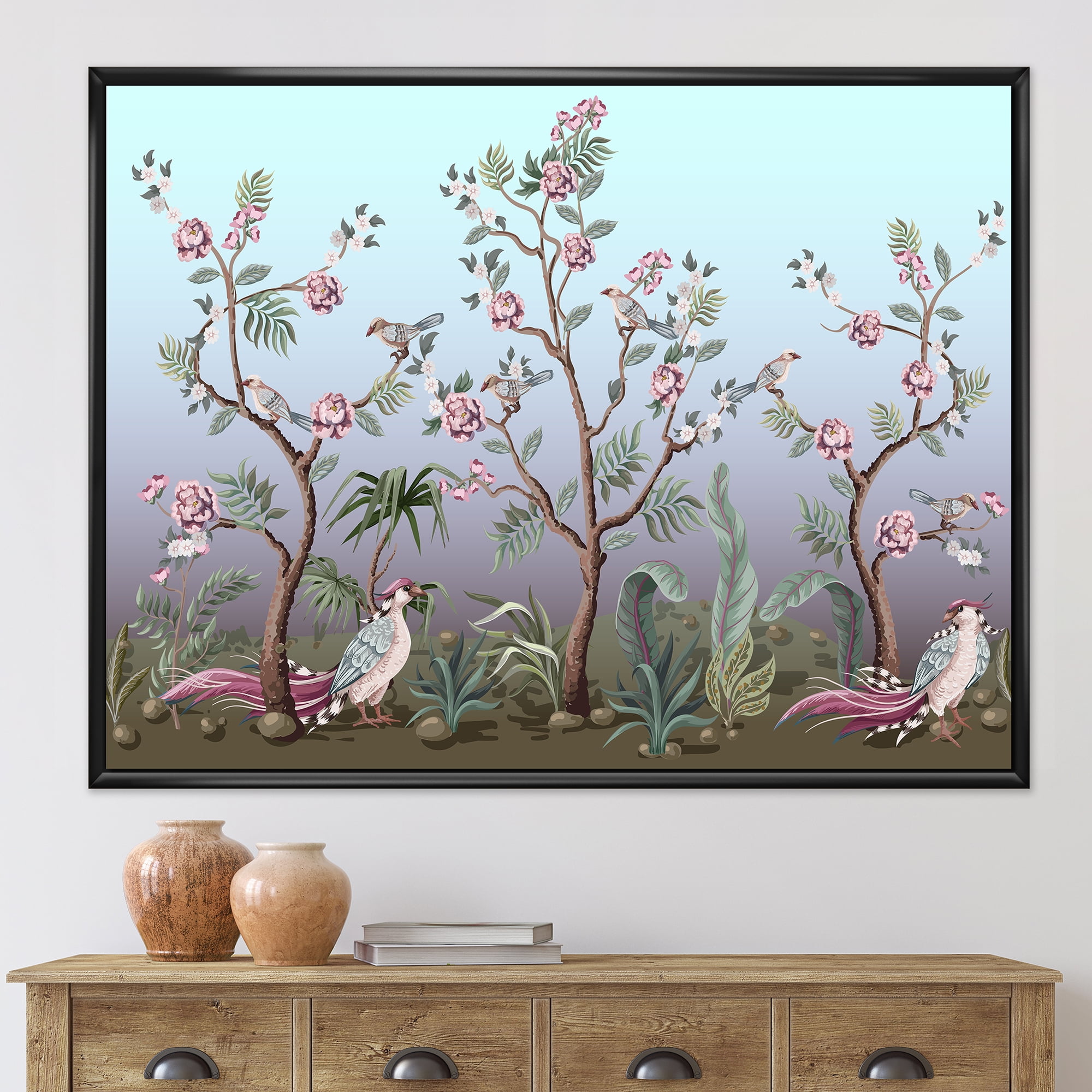 Designart 'Chinoiserie With Peonies and Birds II' Traditional Framed Canvas Wall Art Print