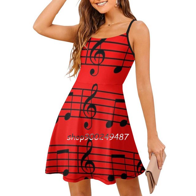 Notes de Musique Robe Évasée Col Carré Robe Élégante Mode Féminine Imprimée Robe Musique Rytim Hip Hop Danse Instrument de Musique
