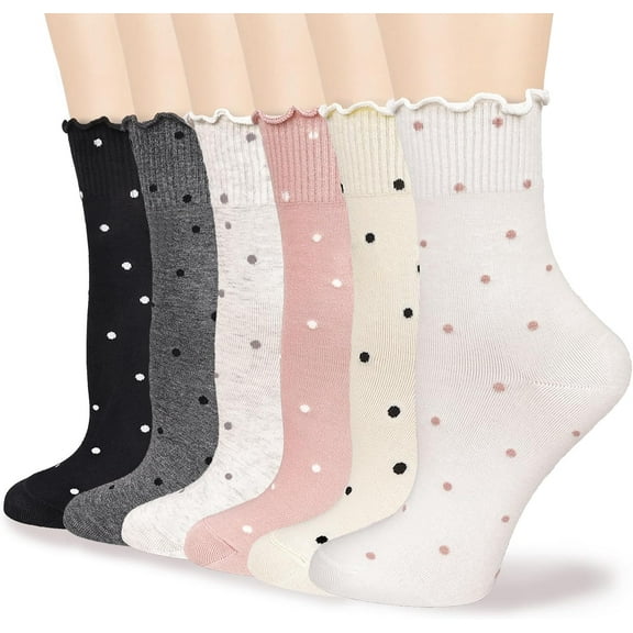 Zhengup 6 Pairs Women's Ruffle Socks,Casual Ankle Breathable Cool Knit Cotton Cute Polka Dot Crew Sock 6 Pack