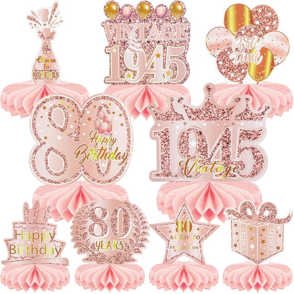 Osmanthus 9 Pcs 80th Birthday Decoration for Women Happy 80th Birthday Table Honeycomb Decorations Rose Gold Pink Centerpieces Tables Toppers1945 Decor Cheers to 80 Years Old Birthday Party Favors