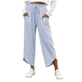 thumbnail image 3 of Women Striped Cropped Capri Pants Sevevn Drawstring Elastic Waist Irregular Hem Casual Trousers With Large Side Pockets, Multi‑Color Options For Summer Daily Wear, 3 of 6