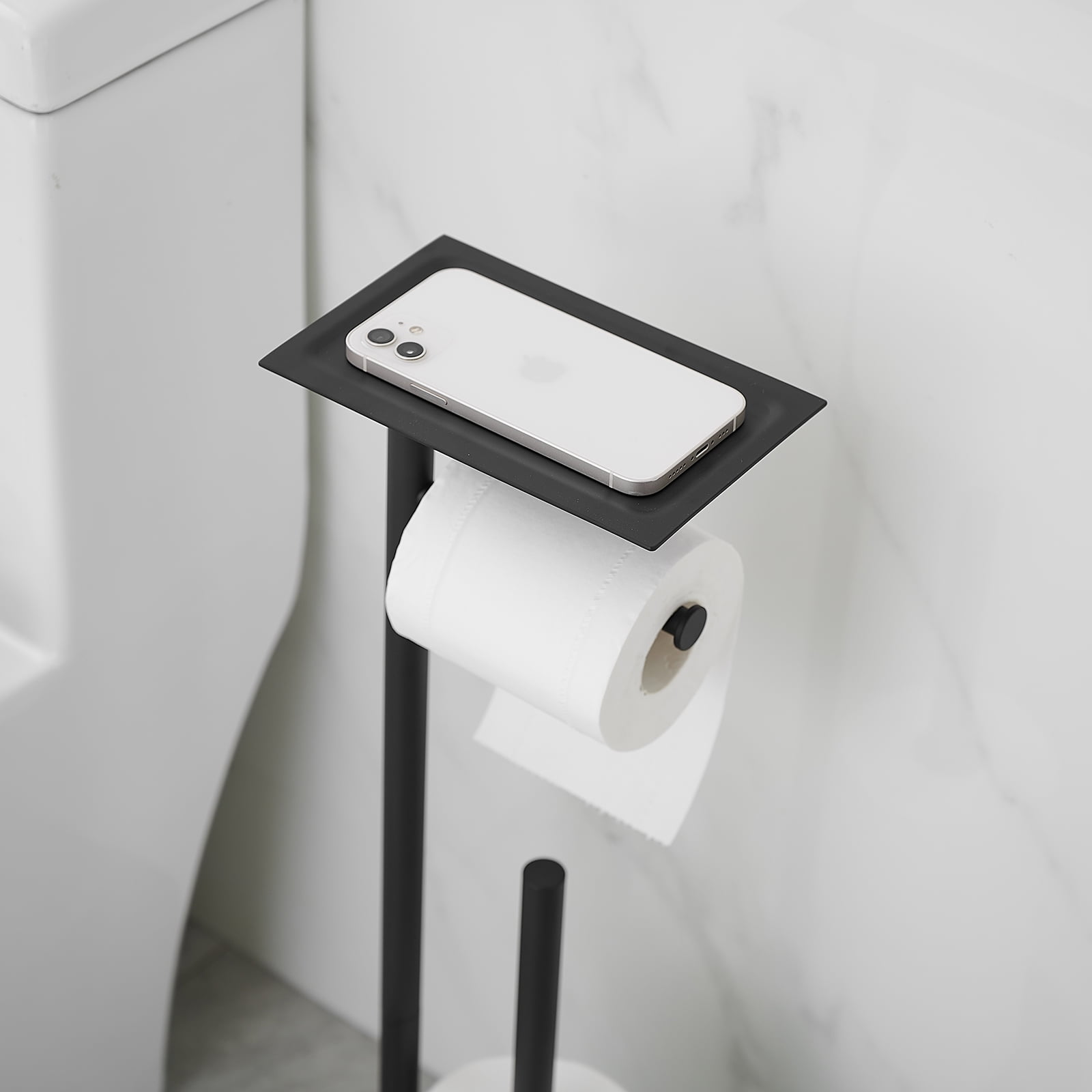 Freestanding Stainless Steel Toilet Paper Holder with Top Storage Shelf in Matte Black