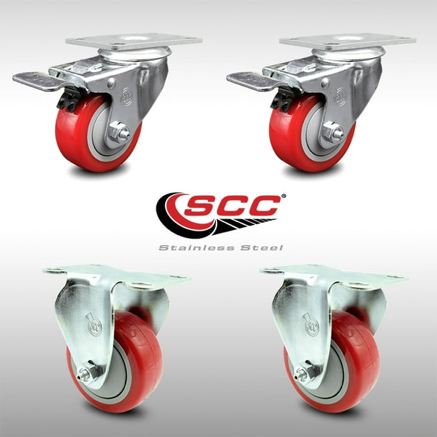 Stainless Steel Polyurethane Top Plate Caster Set Of 4 W 3 X 1 25 Red Wheels 2