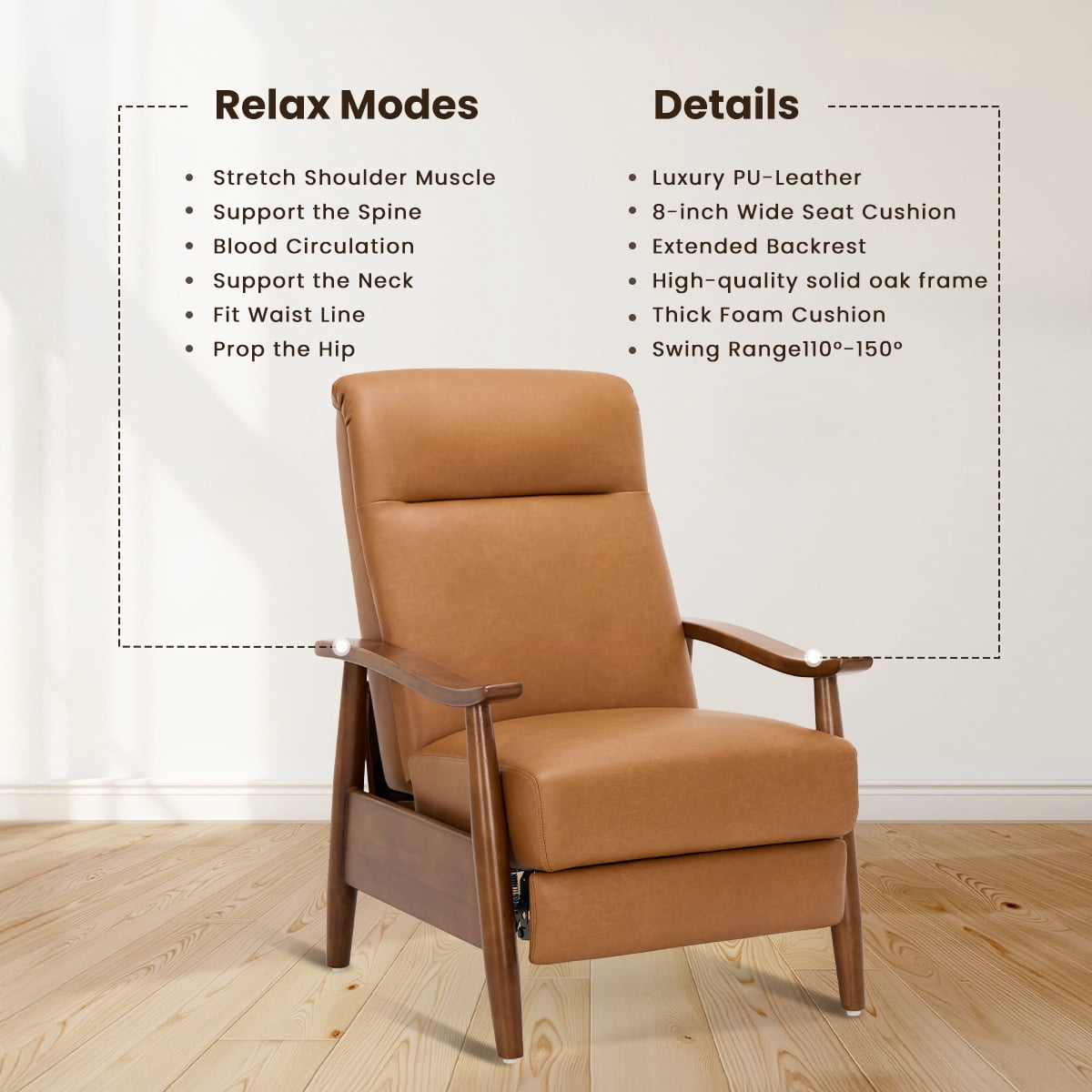 AFO Mid-Century Leather Living Room Push Back and Retractable Footrest Recliners with Set of 2 for Bedroom, Brown