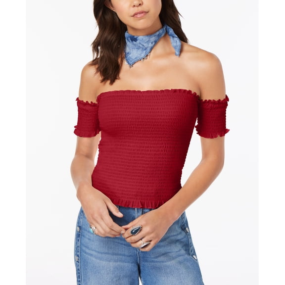 Almost Famous Juniors' Smocked Off-The-Shoulder Crop Top (Red, XL)