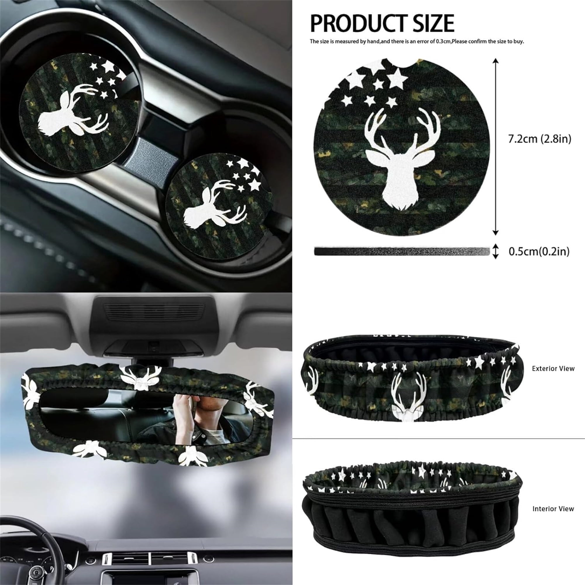 Jeiento Deer 12 PCS Front Car Seat Covers Set with Steering Wheel Cover Seat Belt Strap Pad Armrest Pad Trash Bag Phone Holder Rearview Mirror Cover Cup Holder Key Chain American Flag Camo Hunting