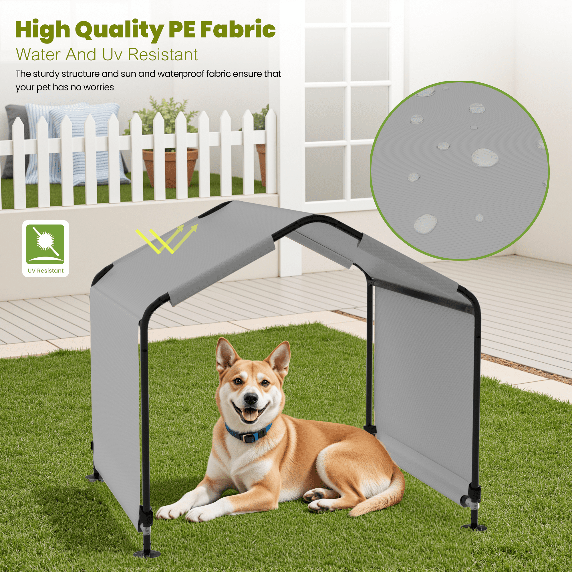 Outdoor Dog Shade Shelter 4'x4'x3' Portable Dog Tent Sun Rain Canopy for Outside Pet House for Large Medium Dogs, Cats, Pigs w/ Waterproof Roof, Ground Nails, Gray