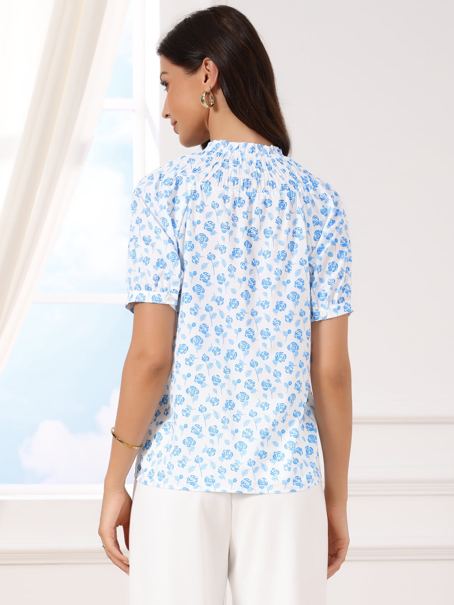 DARING DIVA Women's Floral BlousesRuffle Neck Puff Short Sleeve Smocked Shirts M Blue