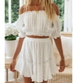 thumbnail image 3 of 2 Piece Off Shoulder Skirt Set Lantern Sleeve Stretchy Frill Trim Tank Top Mini Skirt for Beach Summer White XL, 3 of 6