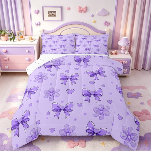 Manfei Coquette Bow Full Size Comforter Sets,Purple Dreamy Bowtie Bedding Comforter Set,Reversible,3-Piece,1 Comforter and 2 Pillowcases