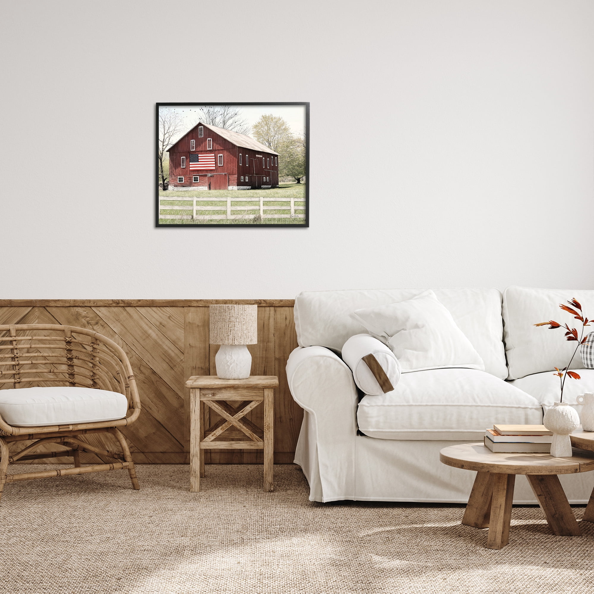 Stupell Industries Patriotic Barn Flag Landscape Painting Black Framed Art Print Wall Art, 30 x 24