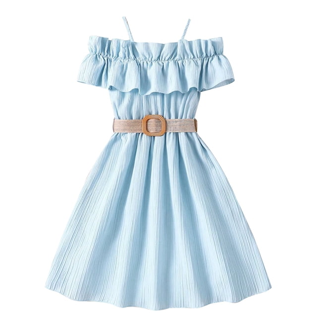 Odeerbi Vestidos de Gasa de Verano de Las Niñas Ruffle Fuera Del Hombro Vestido Sin Mangas de Color Sólido