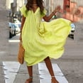 thumbnail image 2 of B91xZ Robes Printemps Été Col Carré Manches Courtes Fendue Robe Cuisse Couleur Unie Robe Midi Ligne A, Jaune S, 2 of 5