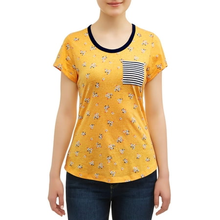 - Juniors' All Over Printed Contrast Ringer Pocket T-Shirt