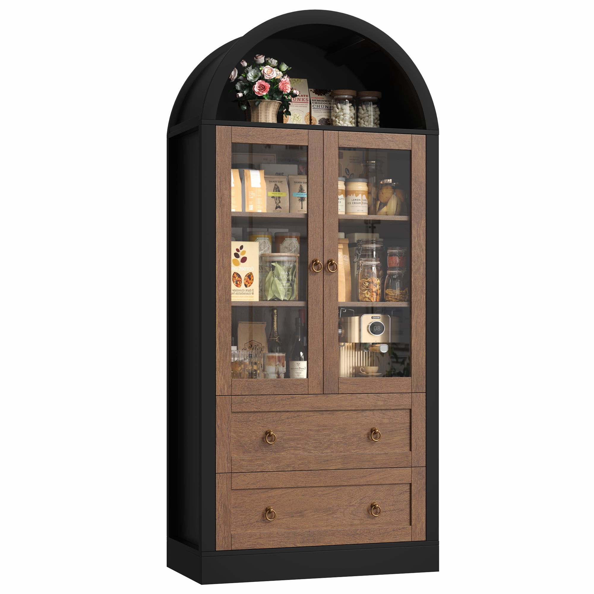 Hiphuta 70" Tall Arched Kitchen Pantry Storage Cabinet with Glass Doors, Freestanding Modern Farmhouse Hutch Cupboard with 2 Large Drawers, for Kitchen Dining Room, Black & Oak